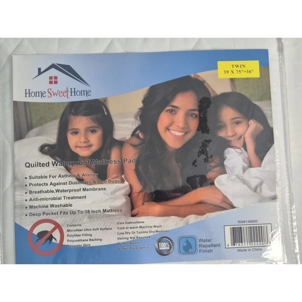 Mattress Pad Home Sweet Home Twin White Quilted Waterproof Deep Pocket